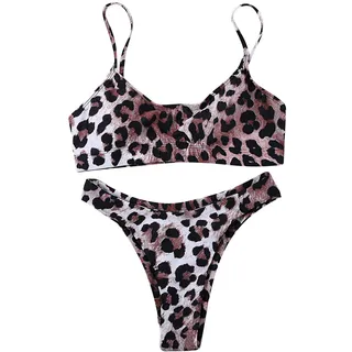 JewelryWe Damen Bikini-Sets Leopardenprint Leopard Push Up Gepolstert Bustier Hohe Taille Bikinislip Badeanzug Bademode, S