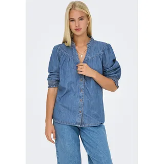 Jeansbluse ONLY "ONLRAYA 3/4 SHIRT DNM AKM NOOS", Damen, Gr. M, medium blau denim, Denim/Jeans, Obermaterial: 100% Baumwolle, unifarben, regular fit hüftlang, V-Ausschnitt, Blusen Jeansbluse, mit Rüschenkragen