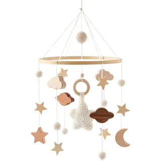 GLITZFAS Babybett Mobile Baby Windspiel, Mobile Baby Holz mit Filzbällen und Wolken Ornament Kinderzimmer Hängende Bettglocke Geschenk für Baby Mädchen oder Jungen, Rassel Spielzeug, Beige A