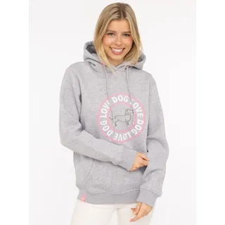 Hoodie ZWILLINGSHERZ "Dog Love", Damen, Gr. S/M, grau (hellgrau), angeraute Sweatware, Obermaterial: 50% Baumwolle, 50% Polyester, unifarben mit Farbeinsatz, Sweatshirts Hoodie, mit gesticktem Dackel-Motiv, Schriftzug, Kordelzug, Rippenbündchen