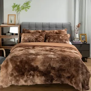 Michorinee Plüsch Bettwäsche 135x200 Winter Flauschig Warme Bettbezug Fleece Flausch Langhaar Kunstfell Tie Dye Gedruckt Taupe Plüschbettwäsche Set mit Reißverschluss - 135 x 200 cm + 80 x 80 cm