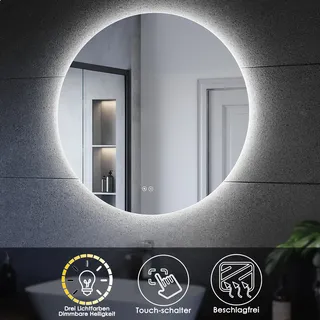 SONNI Rund Ø 80 cm Badspiegel mit LED Beleuchtung Dreifarbige Temperatur Doppelter Berührungsschalter mit Beschlagfrei-Funktion Runder Spiegel