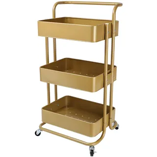 Echtwerk mobiler Servierwagen für Küche/ Bad/ Büro mit 3 Ebenen, Küchenrollwagen, Küchenwagen, Werkzeugwagen, Bastelwagen, Allzweckwagen mit Schiebegriff, Gold-Edition, 43 x 32 x 86 cm