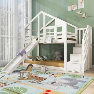 Baumhaus Kinder Etagenbett 90x200cm Weiß in Fensterbauweise, mit Rutsche, Rausfallschutz und zwei Lattenrosten, modernes und stabiles Hochbett - Weiß