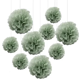 AllHeartDesires Bommeln aus Seidenpapier mit Blumen im Boho-Stil, rustikal, zum Aufhängen, Dekoration für Geburtstag, Hochzeit, Babyparty, neutrales botanisches Grün, Kinderzimmer, wilde Safari-Party, 9 Stück
