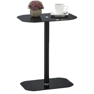 Relaxdays Beistelltisch, Glas & Stahl, HxBxT: 54,5 x 44,5 x 29,5cm, Sofatisch für Wohnzimmer, abgerundete Ecken, schwarz