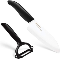 Bild Cut & Peel Set Keramik Santoku Messer mit Schäler | Klinge 14 cm | ergonomischer Griff | extrem scharfes Küchenmesser und Sparschäler | Kochmesser Profi Messer