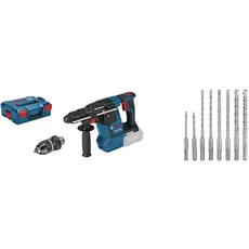 Bosch Professional 18V System Akku Bohrhammer GBH 18V-26 F (ohne Akkus und Ladegerät, inkl. Zusatzhandgriff, Tiefenanschlag, Maschinentuch) + 8 tlg. Hammerbohrer SDS plus Set (für Beton)