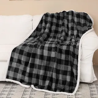 Catalonia Karierte Sherpa Decke Überwurf, Büffel Flauschige Wohndecke, Weihnachten Karo Warme Plüsch Mikrofaser Winter Reversible Decke für Couch Sofa Bett, 150x130CM, Plaid Schwarz