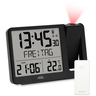 ADE Digitaler Funkwecker mit Projektion und Außensensor | Projektionswecker mit 2 Weckzeiten| Uhr mit Temperaturanzeige, Datum und Wochentag | inkl. Netzkabel | schwarz