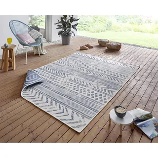NORTHRUGS In- und Outdoor Teppich Biri 80x150cm - Wendeteppich Wetterfest Boho Style Vintage Design Läufer für Balkon Terrasse Garten Wintergarten Wohnzimmerteppich Wasserfest in Blau Creme