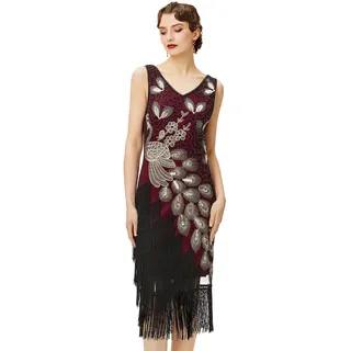 BABEYOND 1920er Jahre Vintage Pfau Pailletten Kleid Gatsby Fransen Flapper Kleid brüllend 20er Jahre Party Kleid, Gold Weinrot, 3X-Groß