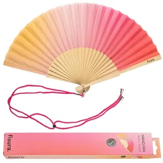 FISURA - Origineller Handfächer mit rotem Farbverlaufsdruck. Moderner und farbenfroher Fächer aus Holz. Roter und rosa Fächer. Maße: 42,5 x 23 cm. Materialien: Holz und Textil.
