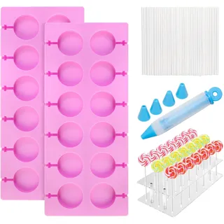 TPTGIAR 2 Stück Lollipop Form Silikon Cake Pop Form Silikon mit 100 Cake Pop Stiele 21 Fächern und Acryl-Displayständer für Kuchen SüßIgkeiten Gelee und Schokolade Frost cakepop Form Torte Set