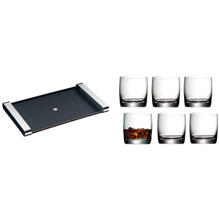 WMF Club Tablett 54 x 32 cm mit Tragegriffen, Echtholz lackiert, Cromargan Edelstahl, schwarz & Easy Plus Gin Gläser Set 6-teilig, Tumbler Glas 300 ml, Whisky Gläser, spülmaschinengeeignet