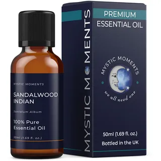 Mystic Moments | Indisches Sandelholz Ätherisches Öl (Santalum album) 50ml | Reichhaltige holzige Basisnote | Tief entspannendes Aroma für Diffusoren, Meditation & luxuriösen Raumduft