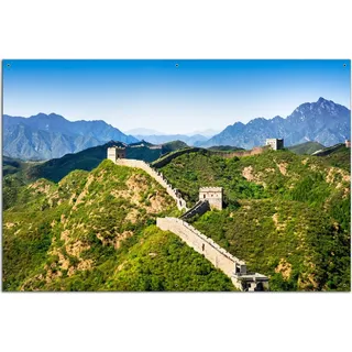 Wallario Outdoor-Poster für Garten oder Balkon, Motiv Die Chinesische Mauer - Wahrzeichen in China im Sommer, in ca. 61 x 91,50 cm - Blau
