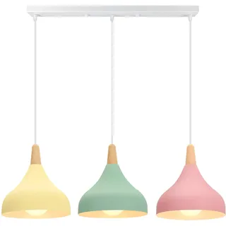 iDEGU 3 Hängeleuchten Retro E27 Kronleuchter Hängeleuchte Modern Stil Tropfen Hut Deckenleuchte Metall Holz Deckenleuchte für Esszimmer Wohnzimmer Küche, Ø 20 cm (grün + rosa + gelb, Stange)