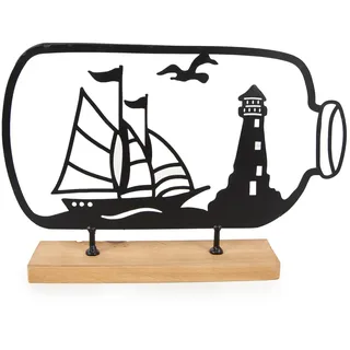 Logbuch-Verlag Flaschenpost Segelschiff und Leuchtturm maritimes Deko Objekt zum Hinstellen Geschenkidee Meer Küste schwarz Metall Holz 8 x 4,5 x 18 cm