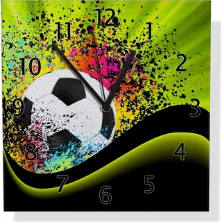 Wallario Design Wanduhr Fußball - Design Wellen und Regenbogen in grün aus Aluverbund, Größe 30 x 30 cm - Schwarz