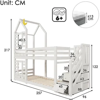 Kinderbett - Etagenbett Hausbett - Baumhaus-Design - Ohne Stauraum - Für 2 Kinder - Montage erforderlich