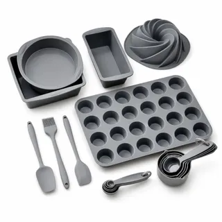 Cycayit Silikon Backformen Set, 18-teilig, Antihaft, Grau | 18-teiliges Silikon Backset mit Kuchenform, Muffinform, Gugelhupfform, Backpinsel, Teigschaber und Messlöffeln.