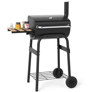 FANTASK Holzkohlegrill Grillwagen, Holzkohlegrills mit klappbarem Seitentisch, Thermostat, Deckel, Ablagefach, Griff & 2 Rädern, Holzkohle Grill für Garten Party Camping, 84,5 x 49 x 110,5 cm, Schwarz
