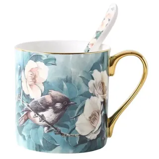 YBK Tech Bone China Porzellan Teetasse, 340 ml Kaffeetasse für Zuhause, Küche, Büro - Vogelmuster (Türkis/Grün)