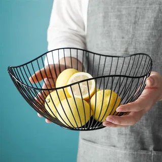 PIQIUQIU Obstkorb Schwarz Obstschale Metall 26.7x12.2x10 cm Obstkorb aus Eisen Modern Rund Fruit Basket Obstschale