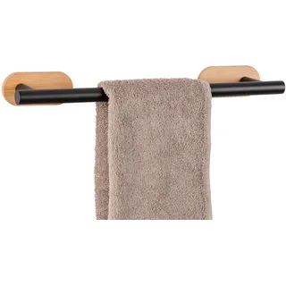 WENKO Turbo-Loc Badetuchstange Orea Bamboo, Halter für Badetücher aus Schwarz matt lackiertem Edelstahl kombiniert mit Einer Wandhalterung aus Bambus, Befestigung ohne Bohren, 40 x 4,5 x 7,5 cm