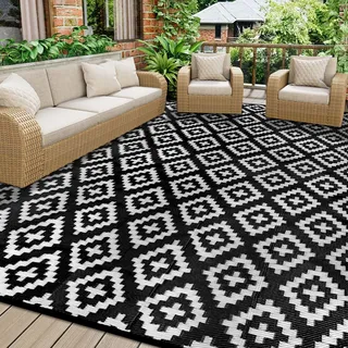 Homcomodar Outdoor Teppich für Patio Clearance 180x270cm Kunststoff Stroh Teppich UV-beständige Camping Matte wasserdichte Patio Teppich Reversible Matte für BBQ Picknick Balkon Beach Deck (Schwarz)