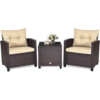 Balkonmöbel Set Polyrattan Gartenmöbel Terrassenmöbel Tisch Stühle Kissen Beige - Beige