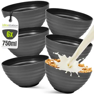 idea-station Müslischalen aus Kunststoff 6 Stück - 750 ml - anthrazit - bruchsicheres Bowl Schüssel Set - Plastik Schalen & Schüsseln Set - kleine Salatschüssel