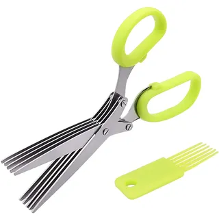 ZENVALY Kräuterschere, Küchen Kräuterschere mit 5 Edelstahlklingen, Edelstahl Scissors Herb mit Reinigungskamm, Gemüseschere Multifunktions