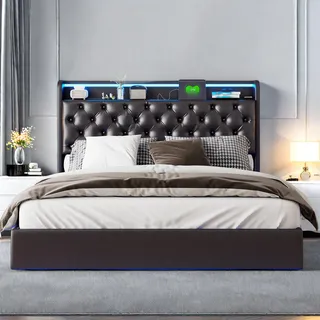 140 x 200 cm großes schwebendes Bett aus Kunstleder mit LED-Kopfteil und Körperbeleuchtung, gepolstertem Stauraum im Kopfteil und EU-Stecker – Modernes und praktisches Design - Schwarz