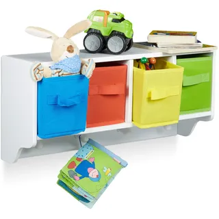 Relaxdays Kinder Wandregal ALBUS, Wandgarderobe mit 4 Kleiderhaken, Kinderregal mit 4 bunte Faltboxen, HBT: ca. 28 x 61 x 16 cm, weiß