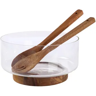 Novel Salatschüssel , Klar, Akaziefarben , Holz, Glas , 3-teilig , Akazie , massiv , rund , Lfgb , lebensmittelecht , Geschirr, Schalen & Schüsseln, Holzschalen