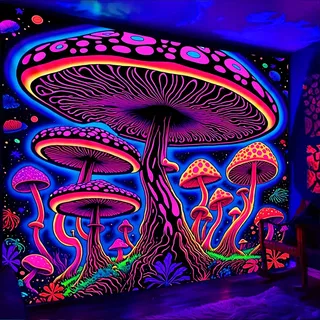 Simpkeely Schwarzlicht-Pilz-Wandteppich, UV-reaktiver Fantasiewald, Neon-Wandbehang, fluoreszierendes Party-Dekor, leuchtende Wandkunst für Schlafzimmer, Schlafsaal, Spielzimmer – 130 x 150 cm