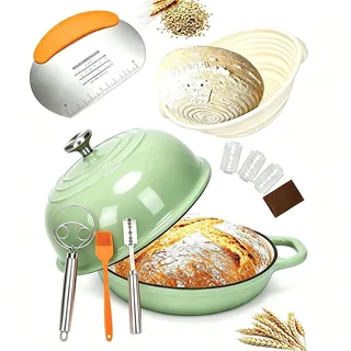 GFTIME Gusseisen Topf Brot Backen, Schmortopf Gusseisen Topf mit Deckel, Dutch Oven Brotbacktopf mit Gärkorb Einschneider Teigmischer Brotbackform für Schmoren, Braten, Sauerteig Starter Set,Grün