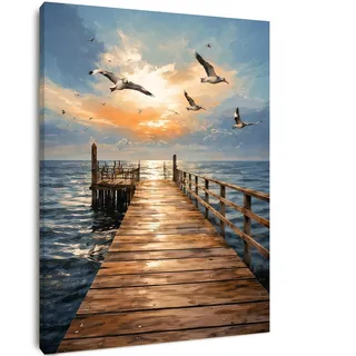 Alptiny Leinwandbild mit Rahmen 30x40 cm, Meer Landschaft Wandbild mit Steg, Möwen und Himmel, Wandbilder für Wohnzimmer Schlafzimmer Büro, Bilder mit Rahmen mit Klettband und vormontierten Haken