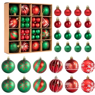 44 Stück Weihnachtsbaumkugeln, Weihnachtskugeln Kunststoff Set, Wetterfeste Weihnachtskugeln, für Festival Dekore Weihnachtsbaumschmuck, Traditionelles Thema Rot Grün