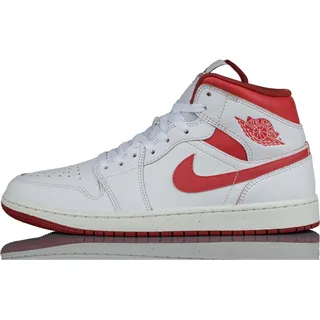 Air Jordan 1 Mid Herren Sneaker, Echtleder Turnschuhe Mid-Top Sneaker FJ3458 160 Weiß/Rot - 45 1/2