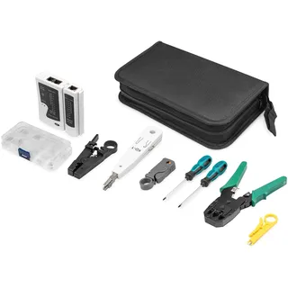 DIGITUS LAN Netzwerk Werkzeug-Set - Netzwerktester - Crimpzange - Schneide- & Abisolierwerkzeug - LSA Auflegewerkzeug - Schraubendreher - Nylon-Tragetasche