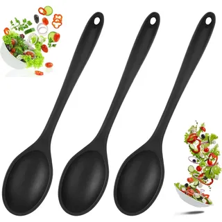 3 Stück Kochlöffel Silikon Rührlöffel, 27.6cm Antihaft Silikonlöffel, Hitzebeständig Langen Griff Silikon Kochlöffel, Silicone Servierlöffel Kunststoff für Küche, Kochen, Backen, Rühren (Schwarz)