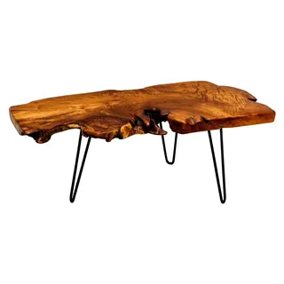 Massiver Couchtisch WILD 100cm aus Teak Massivholz mit Baumscheibe und Hairpin Legs