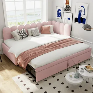 Flieks Polsterbett 90x200cm mit Ausziehbett, Schlafsofa Tagesbett mit Rückenlehne, Jugendbett Kinderbett mit Lattenrost, Sofabett Daybett Samt, Rosa - Rosa