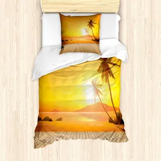 ABAKUHAUS Ozean Bettbezug Set, Sonnenuntergang Über Ozean Mit Palme Und Holzdeck Horizon Aussicht Bild Tropisch, 135 x 200 cm + 80 x 80 cm, Orange Braun
