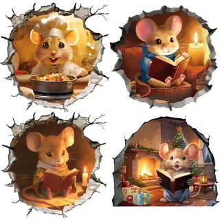 fufuquare 3D Karikatur Maus Loch Wandtattoo Abziehen und Aufkleben, 4 Designs Koch Mäuse Lesen Ratte Maus in einem Loch Wandaufkleber für Arbeitszimmer, Wohnzimmer, Küche