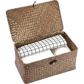 Mandje aus Seegras quadratisch mit Deckel - dekorativ und multifunktional (Kaffee M) Aufbewahrungskorb