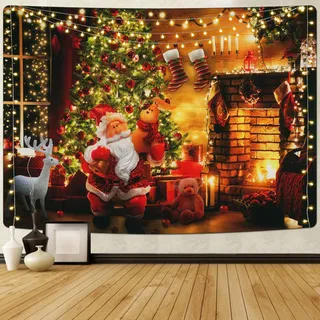 Alishomtll Weihnachten Wandteppich Wandbehang Wandtuch Kamin Weihnachtsmann Baum Elch Tapisserie Aesthetic Zuhause Weihnachtsdeko Geschenke Wanddeko für Wohnzimmer Schlafzimmer Wohnheim 210x150cm